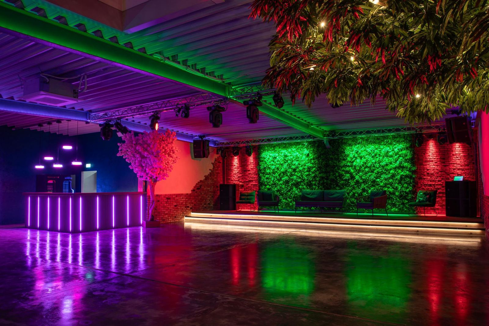 Großer Saal mit beleuchteter Bar, Mooswänden und pink-grüner Lichtstimmung